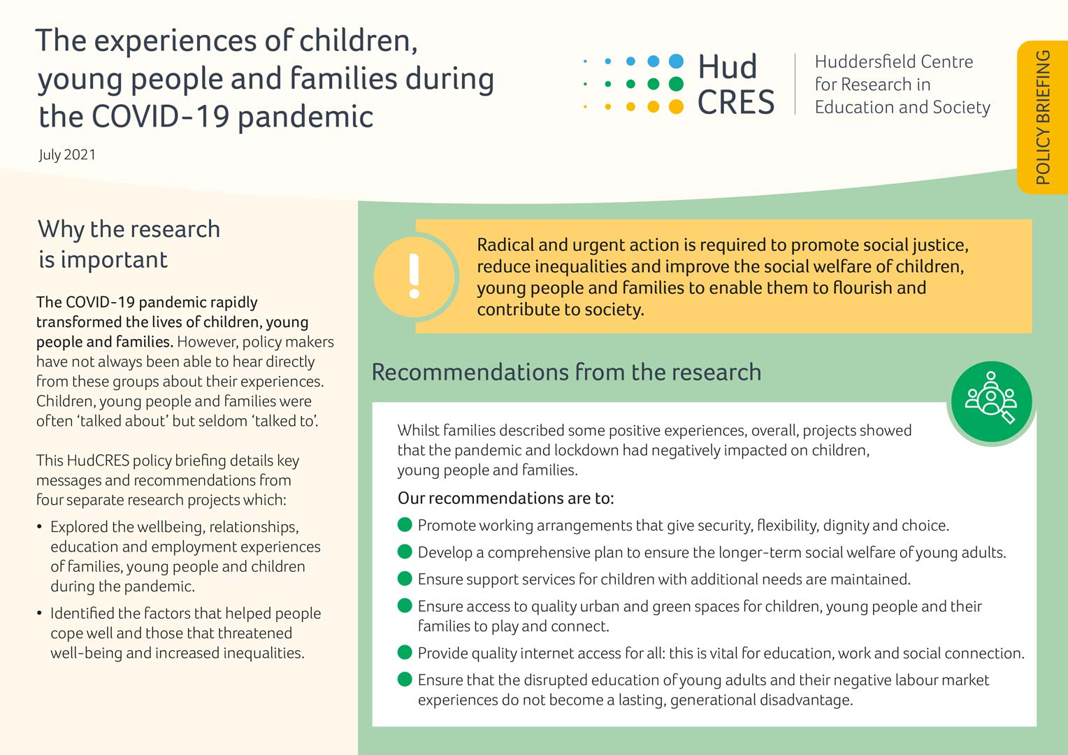 Front cover of the HudCRES policy briefing, July 2021, featuring why the research is important and recommendations