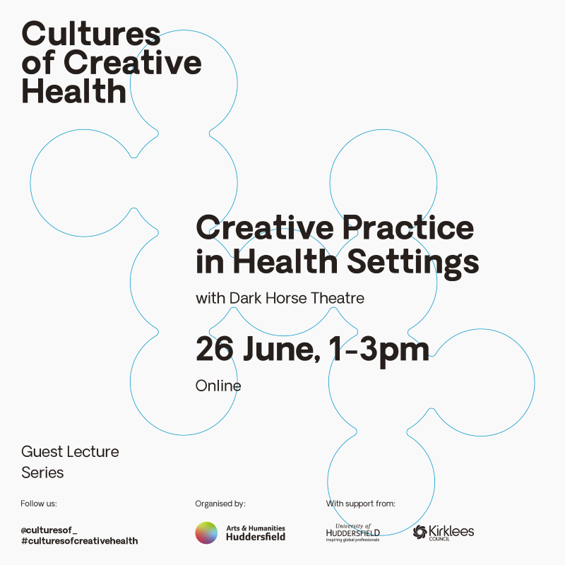 Promotional graphic for guest lecture, black text on a white and blue background reads: Cultures of Creative Health, Creative Practice in Health Settings with Dark Horse Theatre, 26 June, 1-3pm, Online
