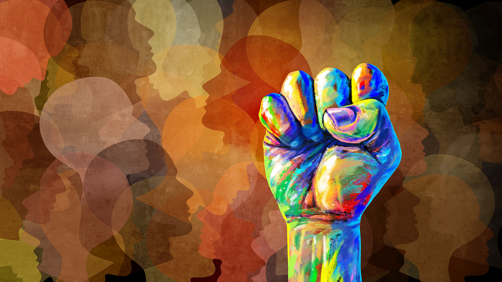 Colourful picture of a raised fist depicting human rights