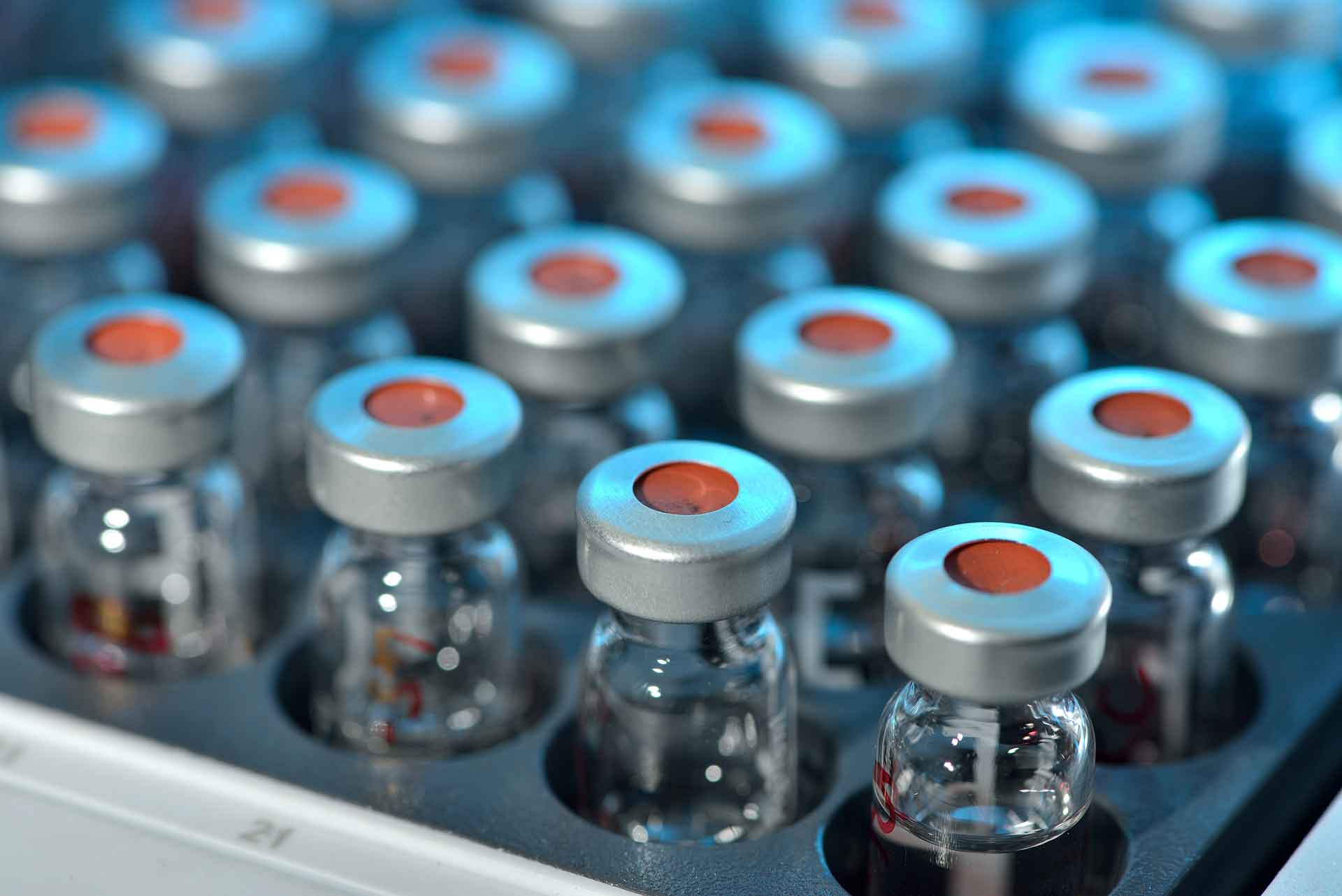 A tray of medicine vials