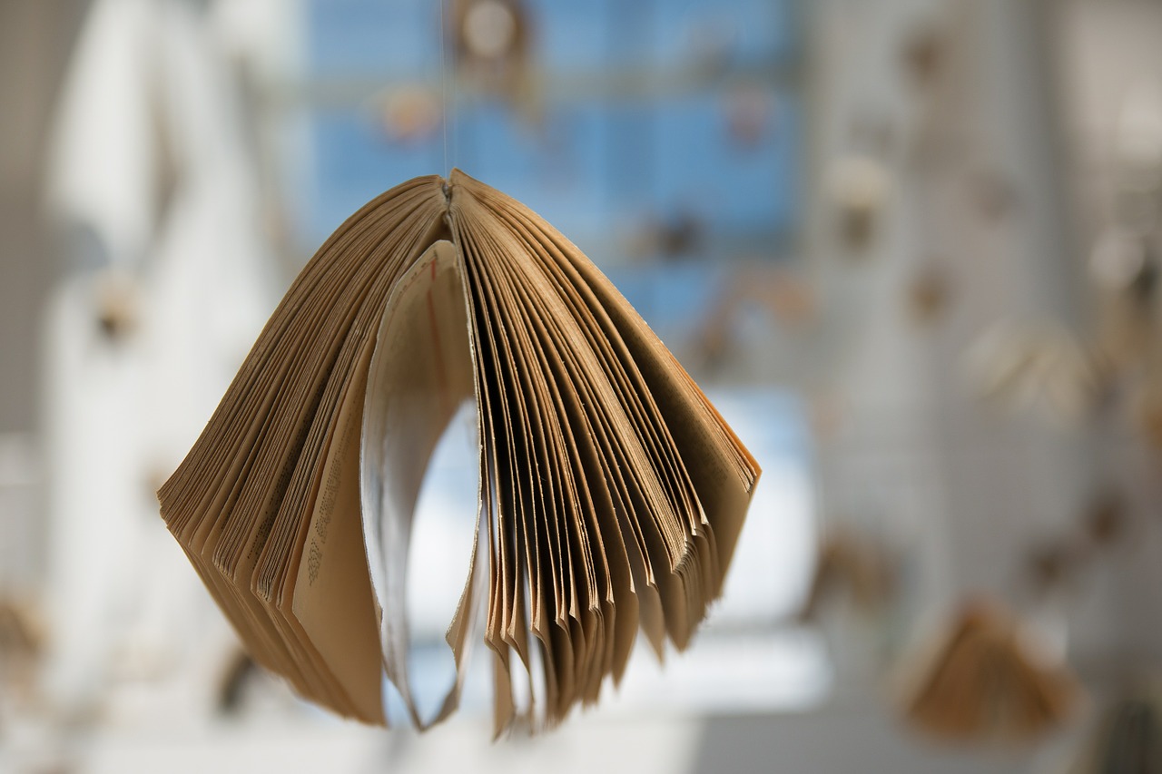 Image of a library with a book in the foreground